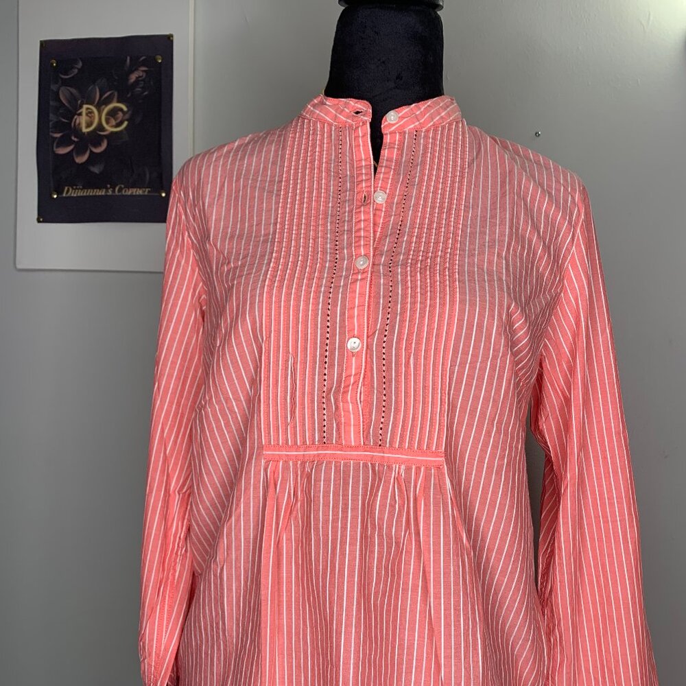 L.L Bean Striped Women's Shirt XS Coral & White Button Up Roll Tab Sleeve Blouse